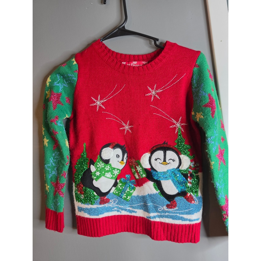 33 Degrees Kids Red Penguin Ice Skating Ugly Christmas Sweater Size M 8